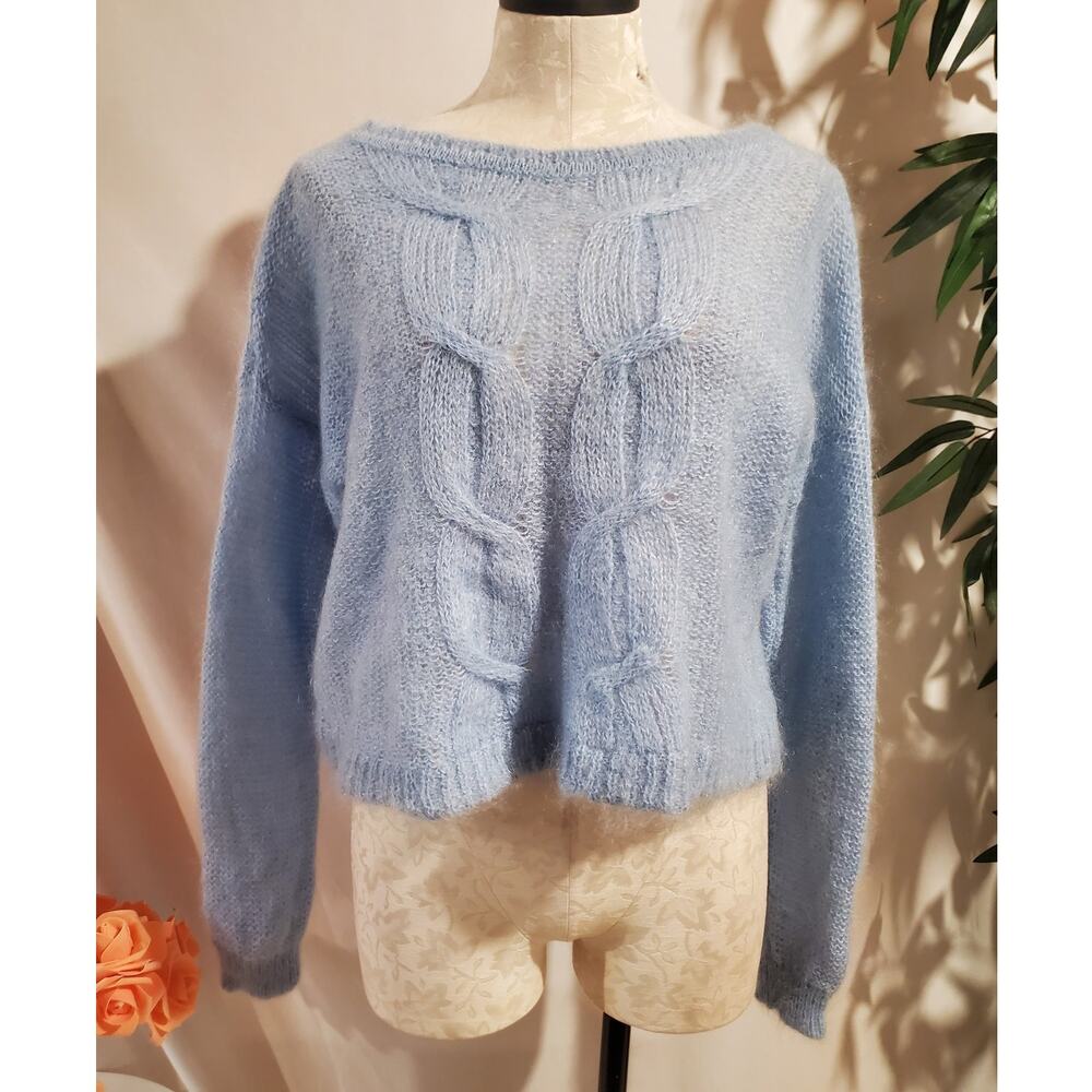 Lisa Perry Barneys NY Kid Mohair Wool Cable Knit Boxy Crop Sweater LP Italy Blue